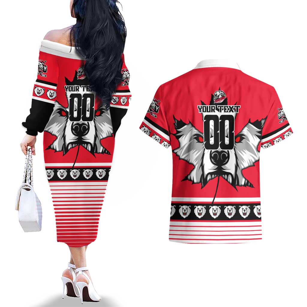 Personalized Polar Bear Hockey Canada Couples Matching Off The Shoulder Long Sleeve Dress and Hawaiian Shirt Maple Leaf Ice Warrior