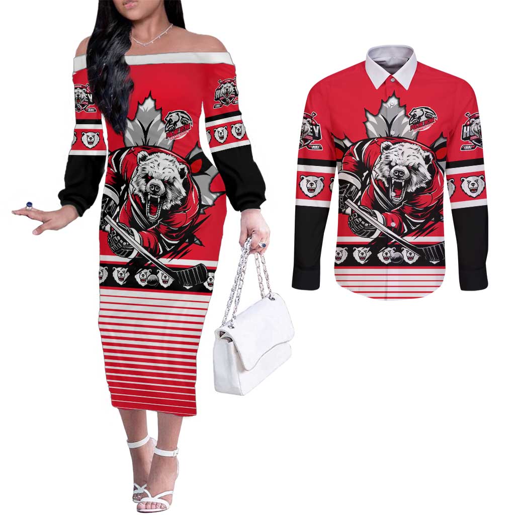 Personalized Polar Bear Hockey Canada Couples Matching Off The Shoulder Long Sleeve Dress and Long Sleeve Button Shirt Maple Leaf Ice Warrior