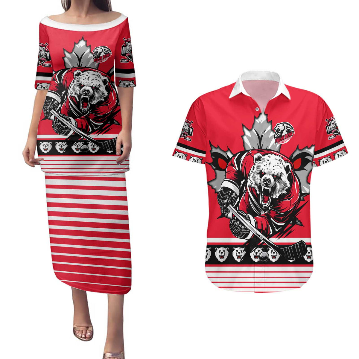 Personalized Polar Bear Hockey Canada Couples Matching Puletasi and Hawaiian Shirt Maple Leaf Ice Warrior