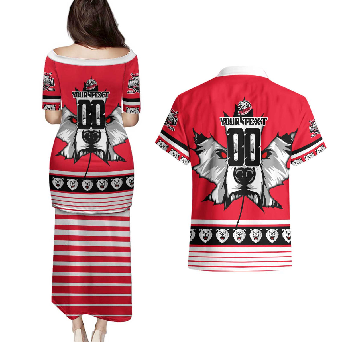 Personalized Polar Bear Hockey Canada Couples Matching Puletasi and Hawaiian Shirt Maple Leaf Ice Warrior