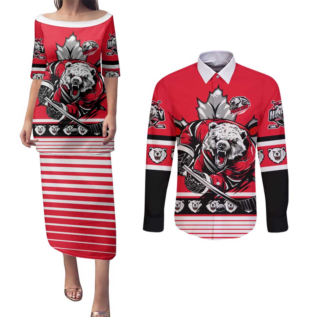 Personalized Polar Bear Hockey Canada Couples Matching Puletasi and Long Sleeve Button Shirt Maple Leaf Ice Warrior
