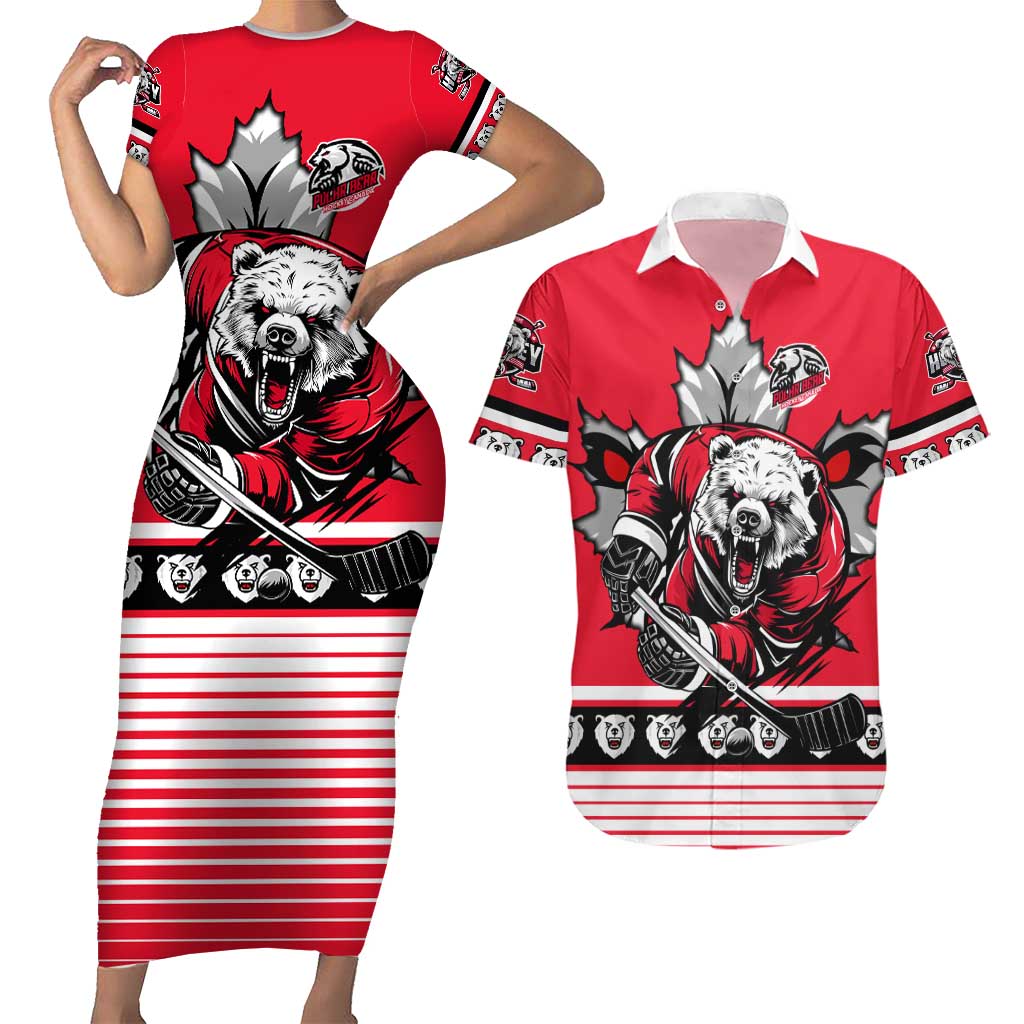 Personalized Polar Bear Hockey Canada Couples Matching Short Sleeve Bodycon Dress and Hawaiian Shirt Maple Leaf Ice Warrior