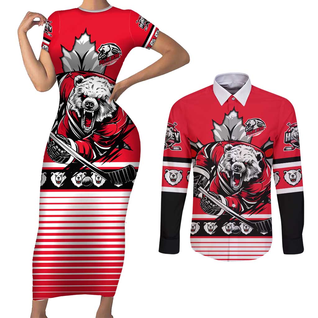 Personalized Polar Bear Hockey Canada Couples Matching Short Sleeve Bodycon Dress and Long Sleeve Button Shirt Maple Leaf Ice Warrior