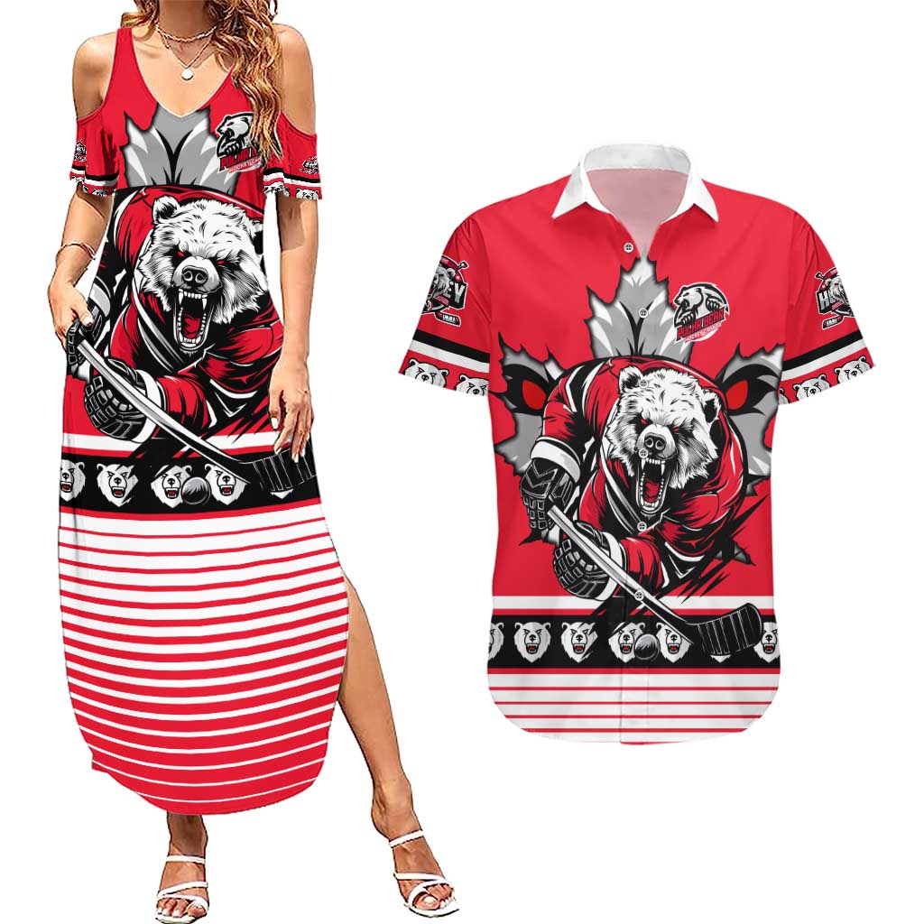 Personalized Polar Bear Hockey Canada Couples Matching Summer Maxi Dress and Hawaiian Shirt Maple Leaf Ice Warrior
