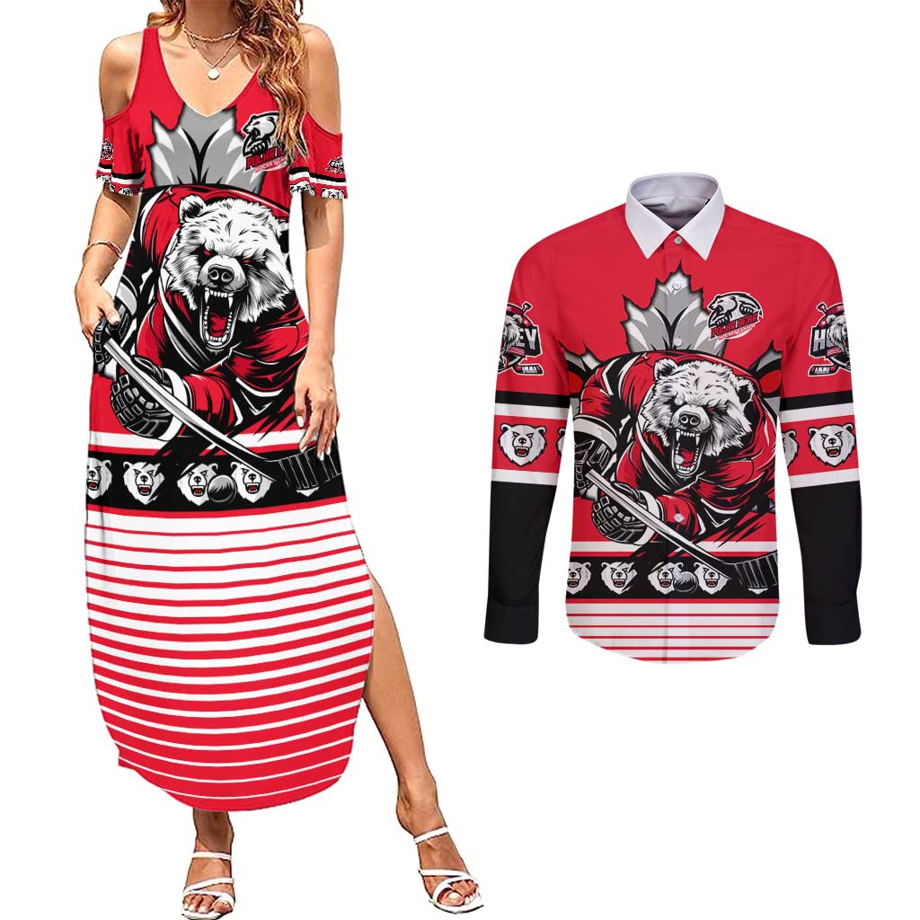 Personalized Polar Bear Hockey Canada Couples Matching Summer Maxi Dress and Long Sleeve Button Shirt Maple Leaf Ice Warrior