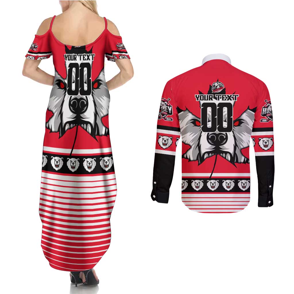 Personalized Polar Bear Hockey Canada Couples Matching Summer Maxi Dress and Long Sleeve Button Shirt Maple Leaf Ice Warrior