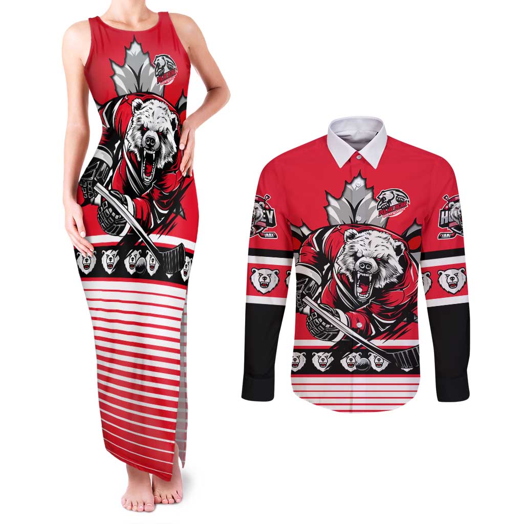 Personalized Polar Bear Hockey Canada Couples Matching Tank Maxi Dress and Long Sleeve Button Shirt Maple Leaf Ice Warrior