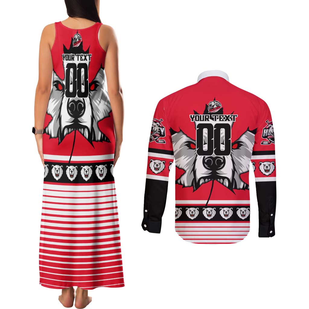 Personalized Polar Bear Hockey Canada Couples Matching Tank Maxi Dress and Long Sleeve Button Shirt Maple Leaf Ice Warrior