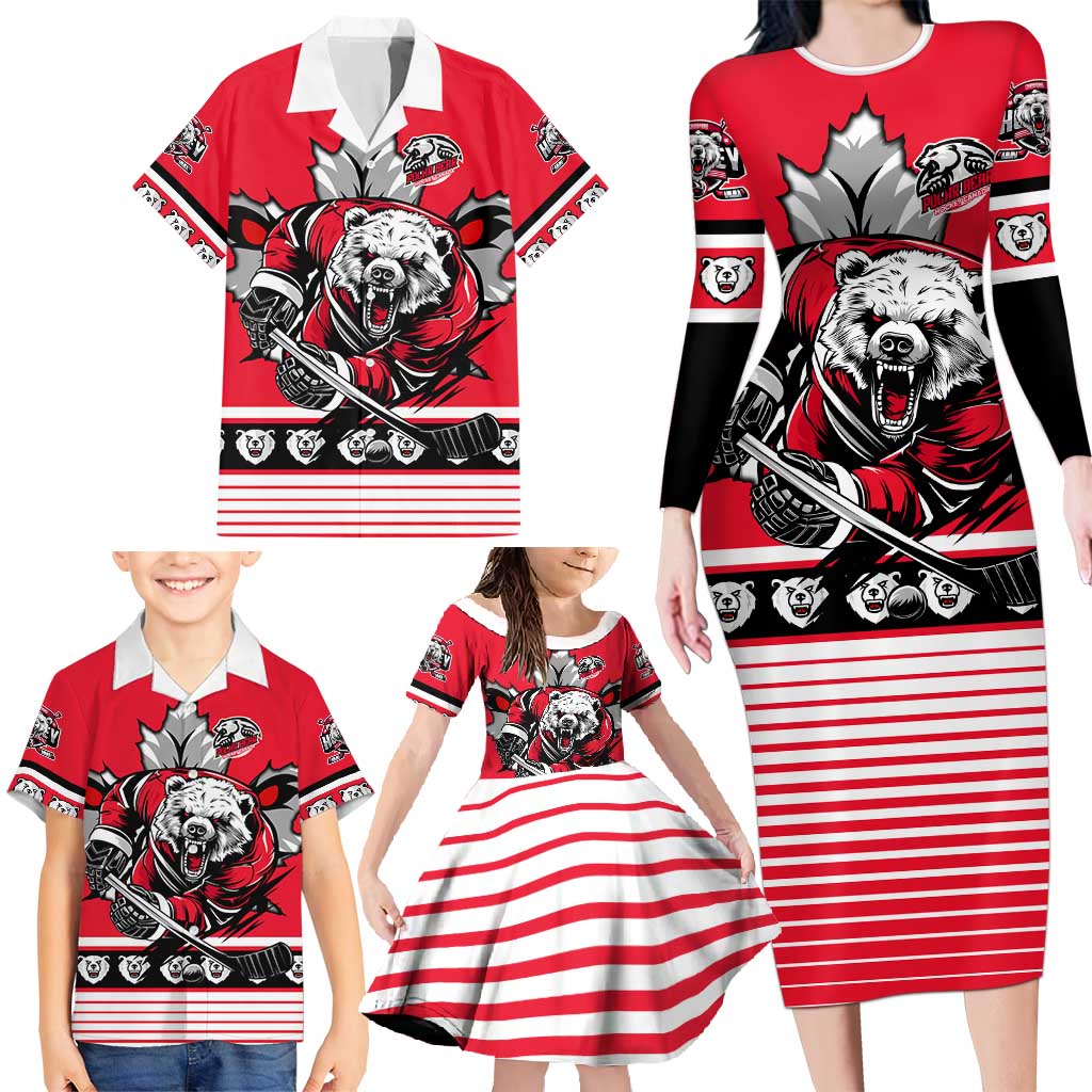 Personalized Polar Bear Hockey Canada Family Matching Long Sleeve Bodycon Dress and Hawaiian Shirt Maple Leaf Ice Warrior