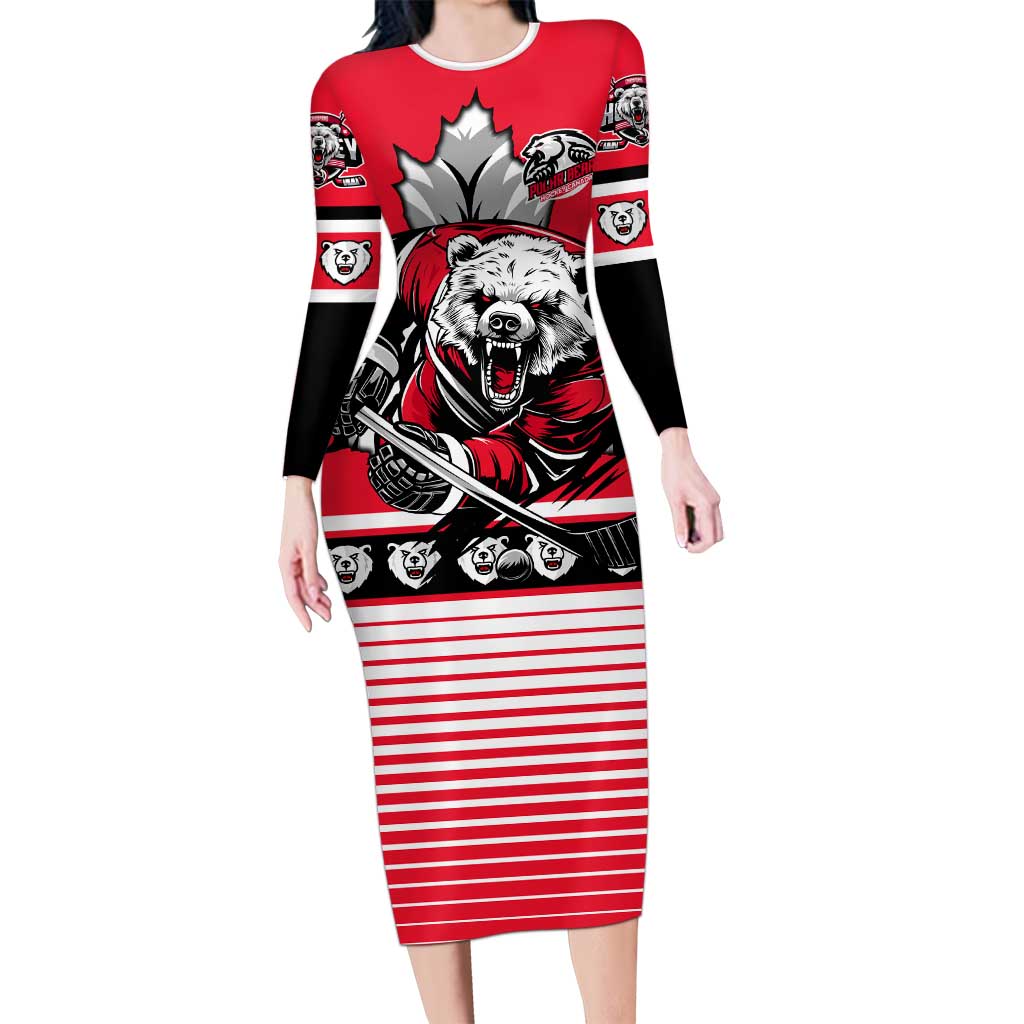 Personalized Polar Bear Hockey Canada Family Matching Long Sleeve Bodycon Dress and Hawaiian Shirt Maple Leaf Ice Warrior