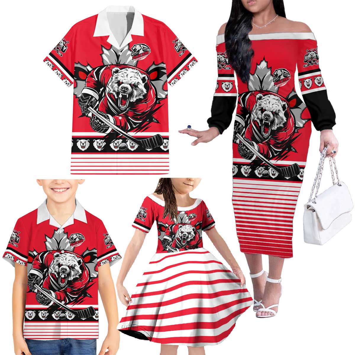 Personalized Polar Bear Hockey Canada Family Matching Off The Shoulder Long Sleeve Dress and Hawaiian Shirt Maple Leaf Ice Warrior
