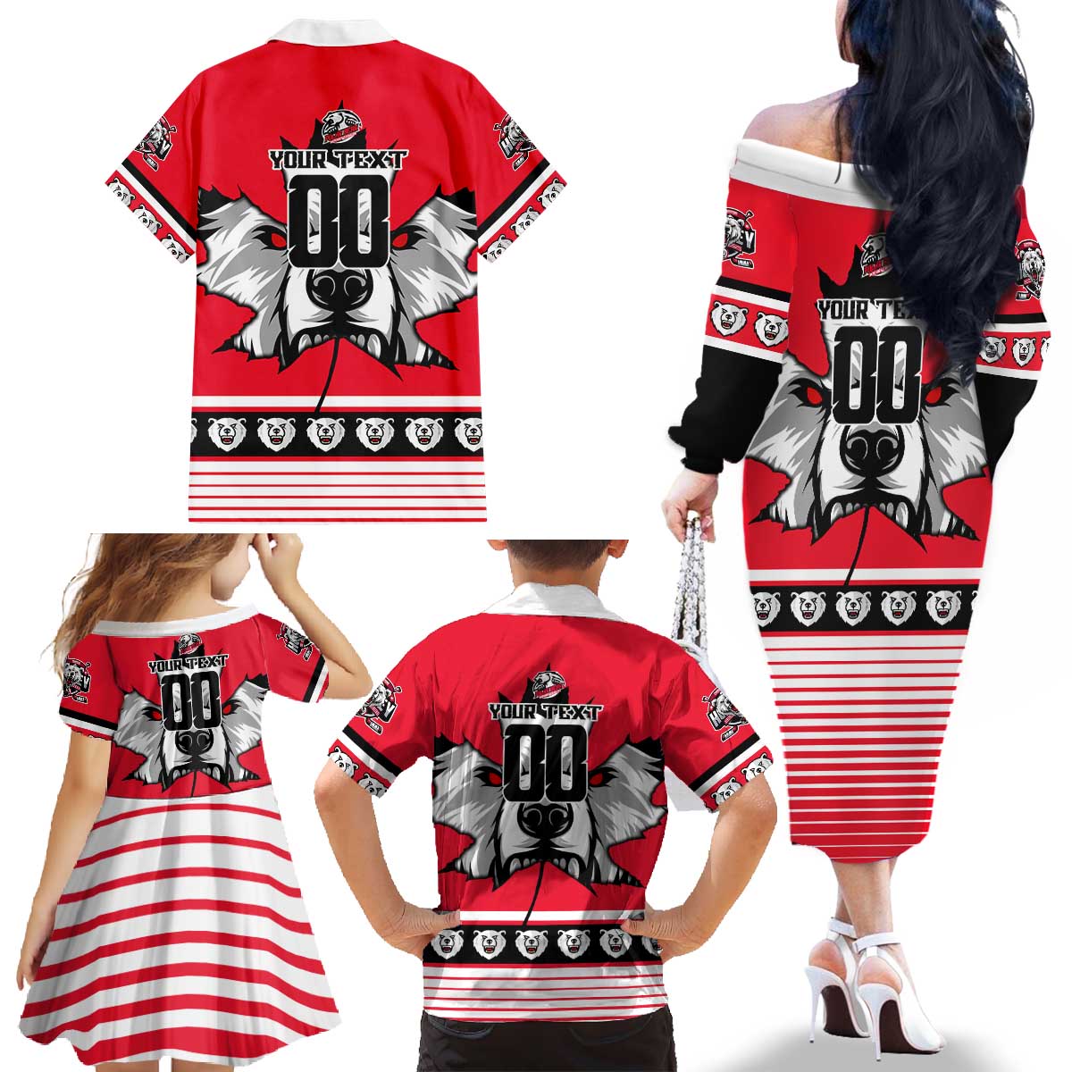 Personalized Polar Bear Hockey Canada Family Matching Off The Shoulder Long Sleeve Dress and Hawaiian Shirt Maple Leaf Ice Warrior