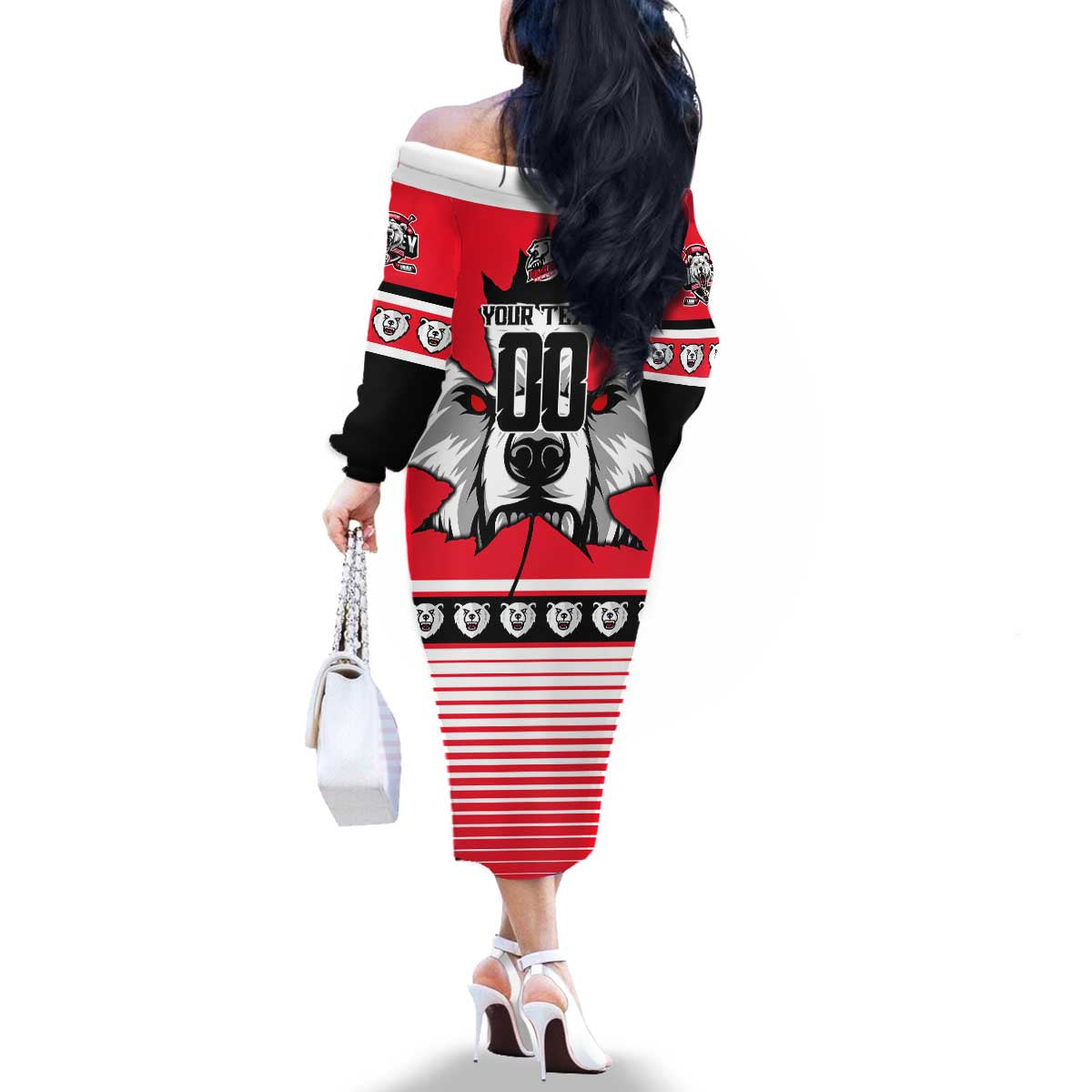 Personalized Polar Bear Hockey Canada Family Matching Off The Shoulder Long Sleeve Dress and Hawaiian Shirt Maple Leaf Ice Warrior