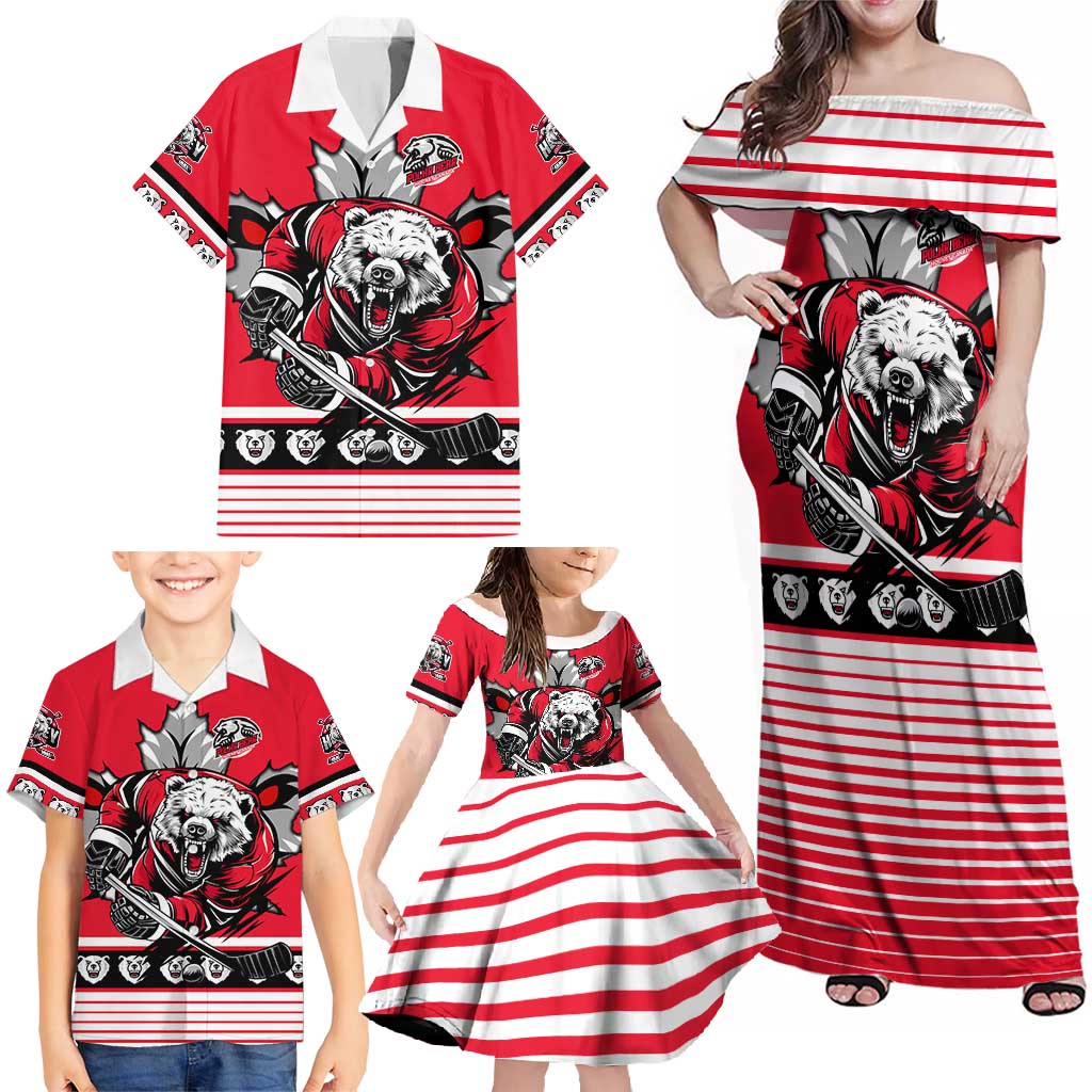 Personalized Polar Bear Hockey Canada Family Matching Off Shoulder Maxi Dress and Hawaiian Shirt Maple Leaf Ice Warrior