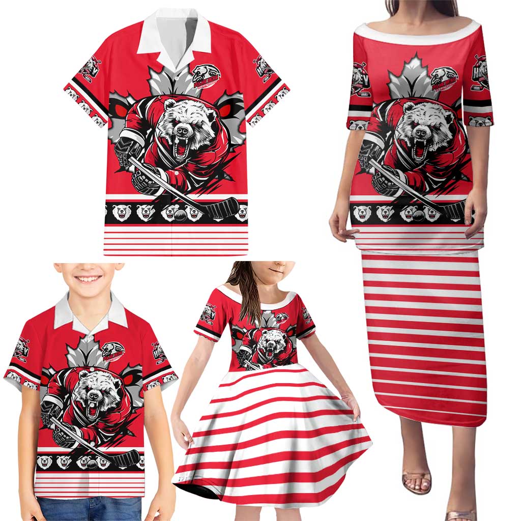 Personalized Polar Bear Hockey Canada Family Matching Puletasi and Hawaiian Shirt Maple Leaf Ice Warrior