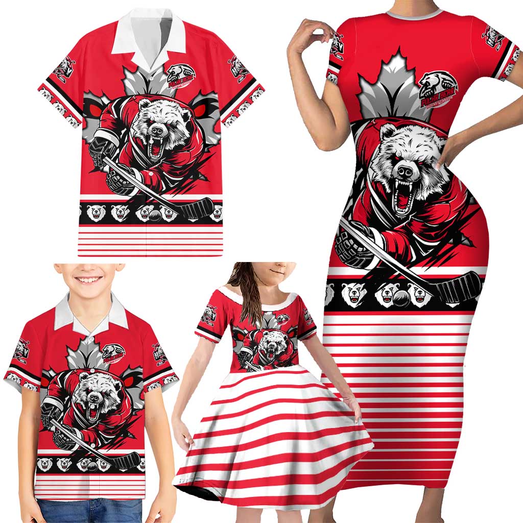 Personalized Polar Bear Hockey Canada Family Matching Short Sleeve Bodycon Dress and Hawaiian Shirt Maple Leaf Ice Warrior