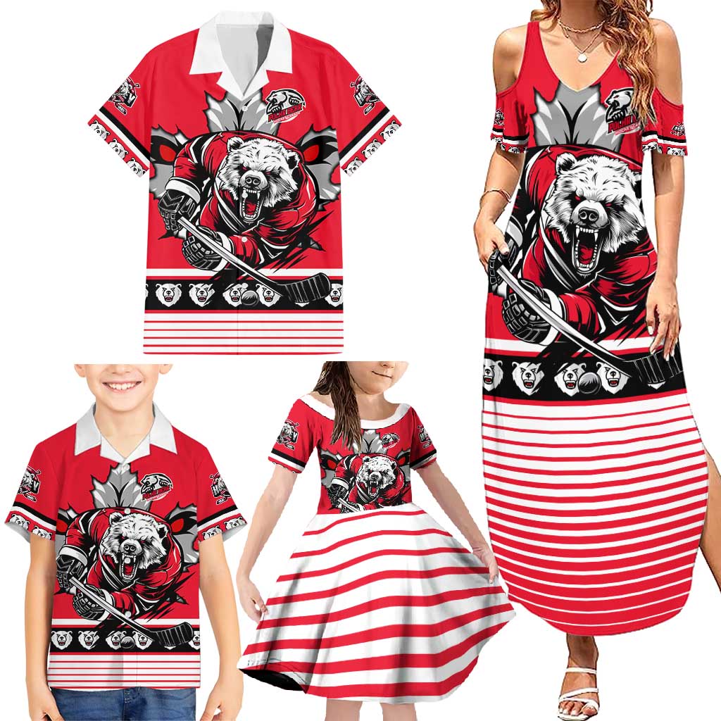 Personalized Polar Bear Hockey Canada Family Matching Summer Maxi Dress and Hawaiian Shirt Maple Leaf Ice Warrior