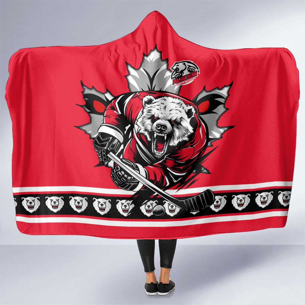 Polar Bear Hockey Canada Hooded Blanket Maple Leaf Ice Warrior