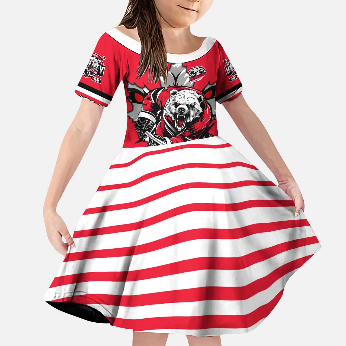 Personalized Polar Bear Hockey Canada Kid Short Sleeve Dress Maple Leaf Ice Warrior