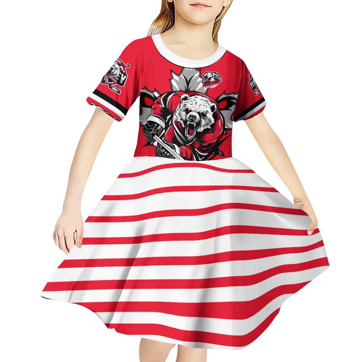 Personalized Polar Bear Hockey Canada Kid Short Sleeve Dress Maple Leaf Ice Warrior