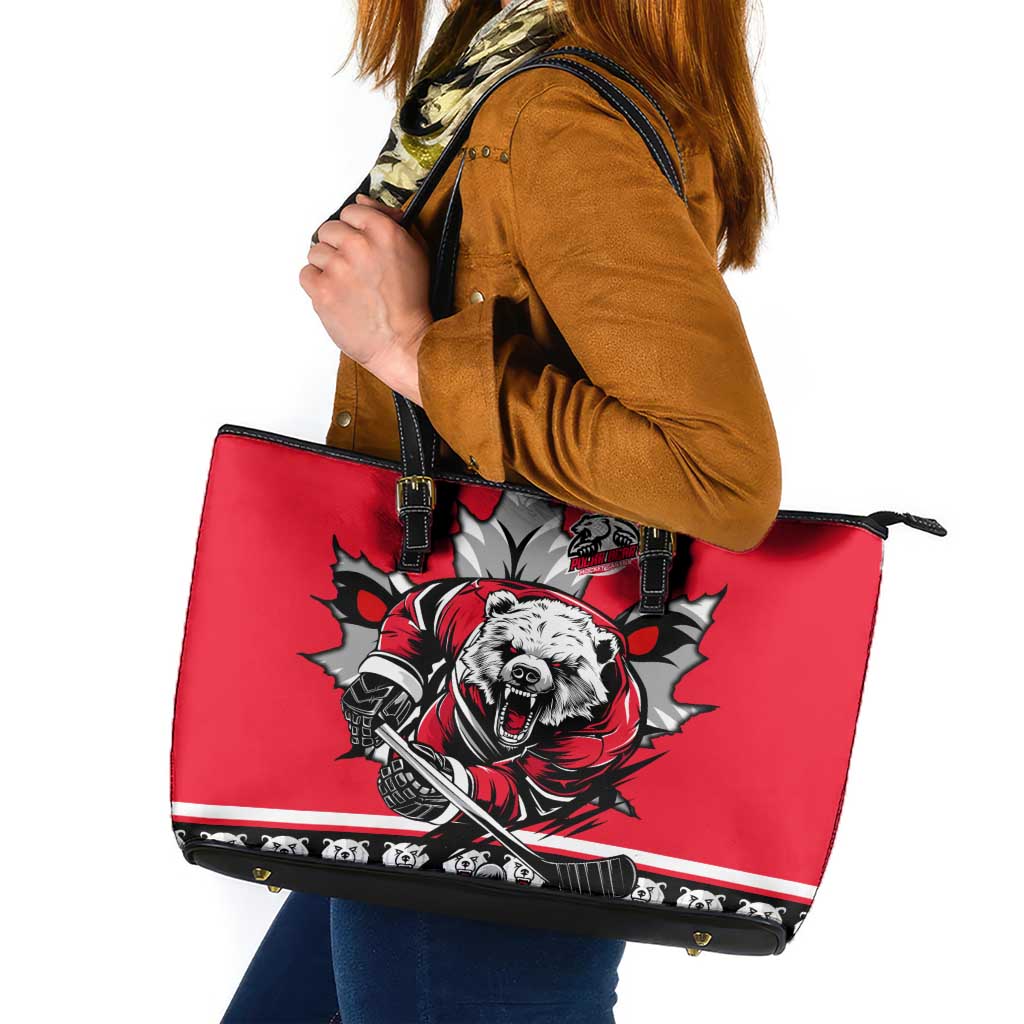 Polar Bear Hockey Canada Leather Tote Bag Maple Leaf Ice Warrior