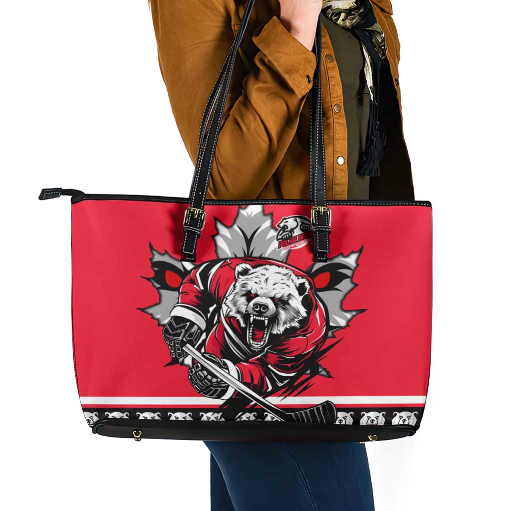 Polar Bear Hockey Canada Leather Tote Bag Maple Leaf Ice Warrior