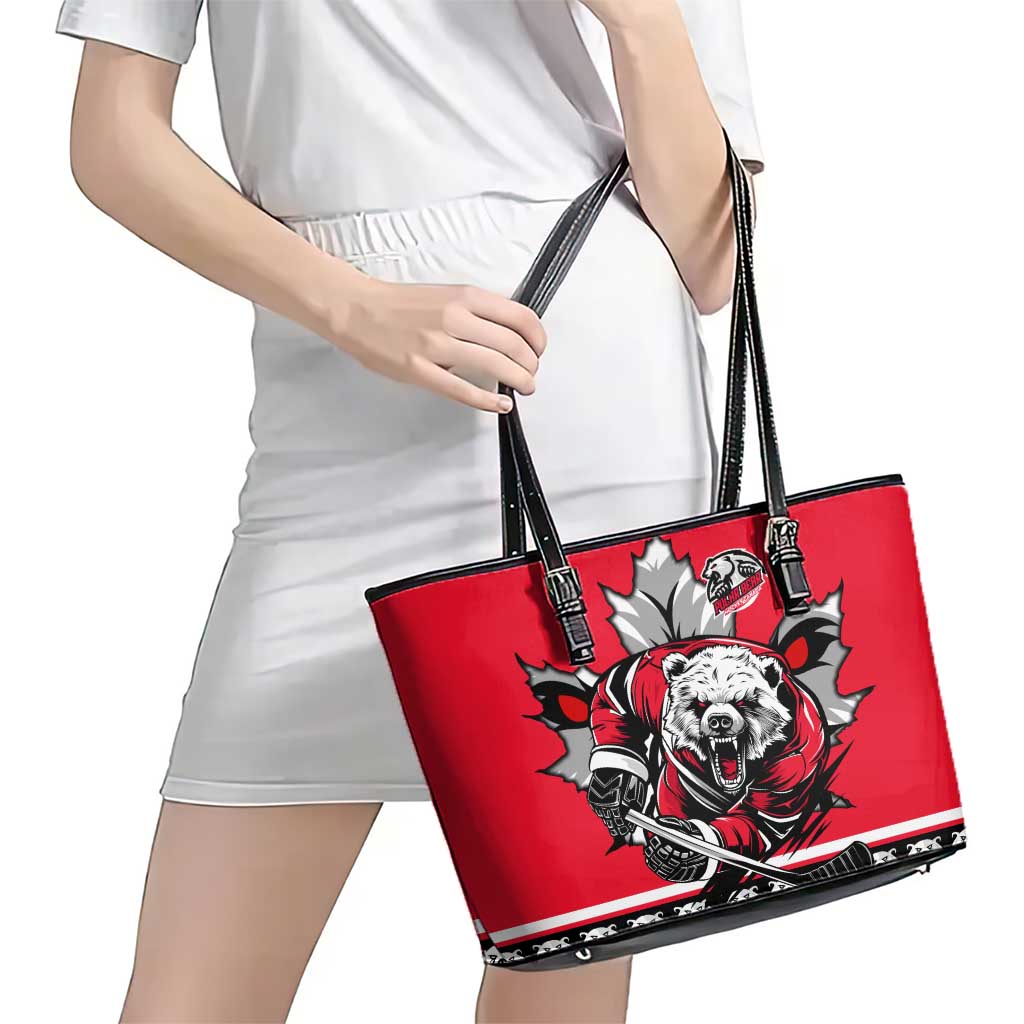 Polar Bear Hockey Canada Leather Tote Bag Maple Leaf Ice Warrior
