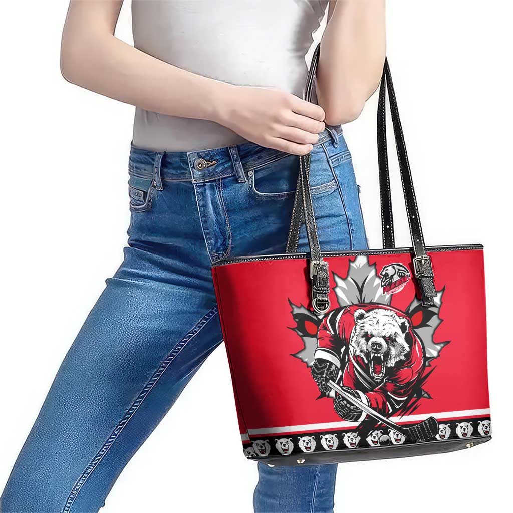 Polar Bear Hockey Canada Leather Tote Bag Maple Leaf Ice Warrior