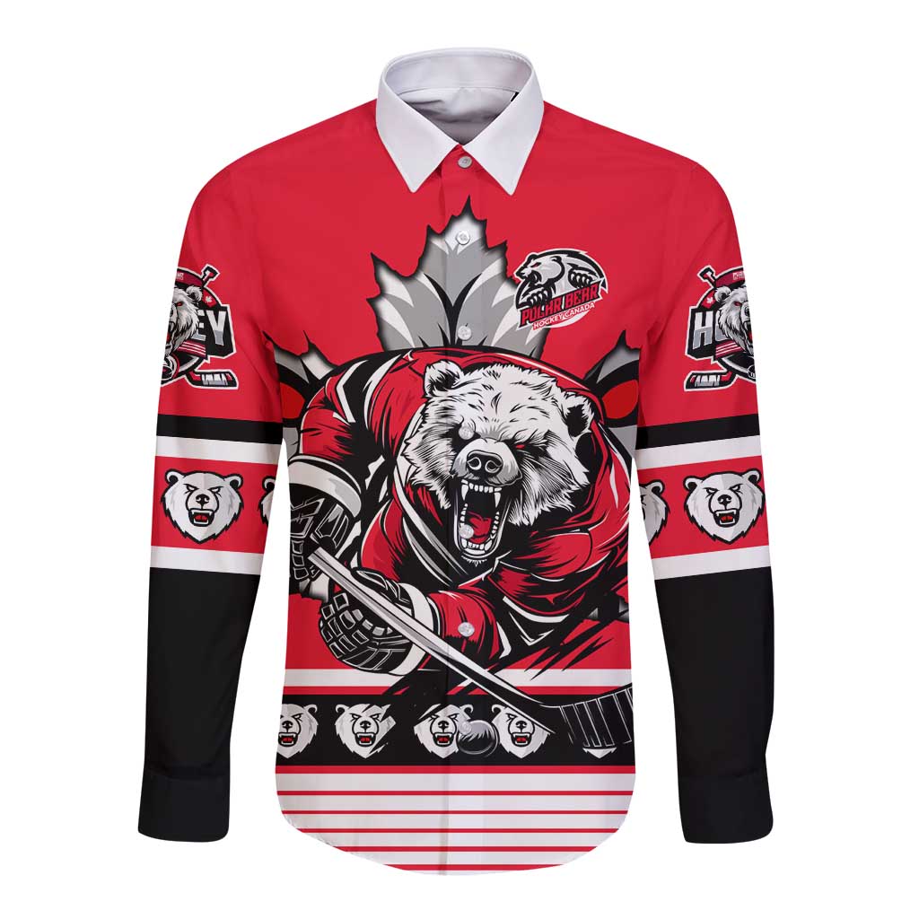 Personalized Polar Bear Hockey Canada Long Sleeve Button Shirt Maple Leaf Ice Warrior