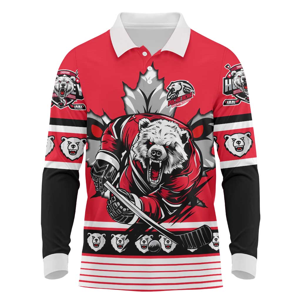 Personalized Polar Bear Hockey Canada Long Sleeve Polo Shirt Maple Leaf Ice Warrior