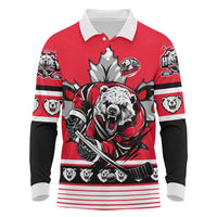 Personalized Polar Bear Hockey Canada Long Sleeve Polo Shirt Maple Leaf Ice Warrior