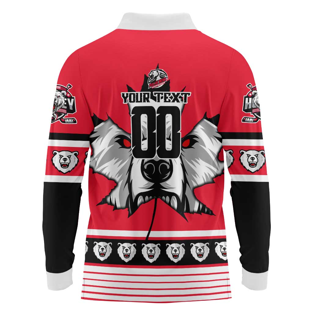 Personalized Polar Bear Hockey Canada Long Sleeve Polo Shirt Maple Leaf Ice Warrior