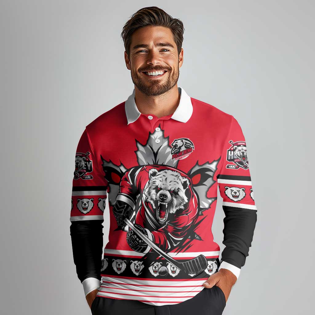 Personalized Polar Bear Hockey Canada Long Sleeve Polo Shirt Maple Leaf Ice Warrior
