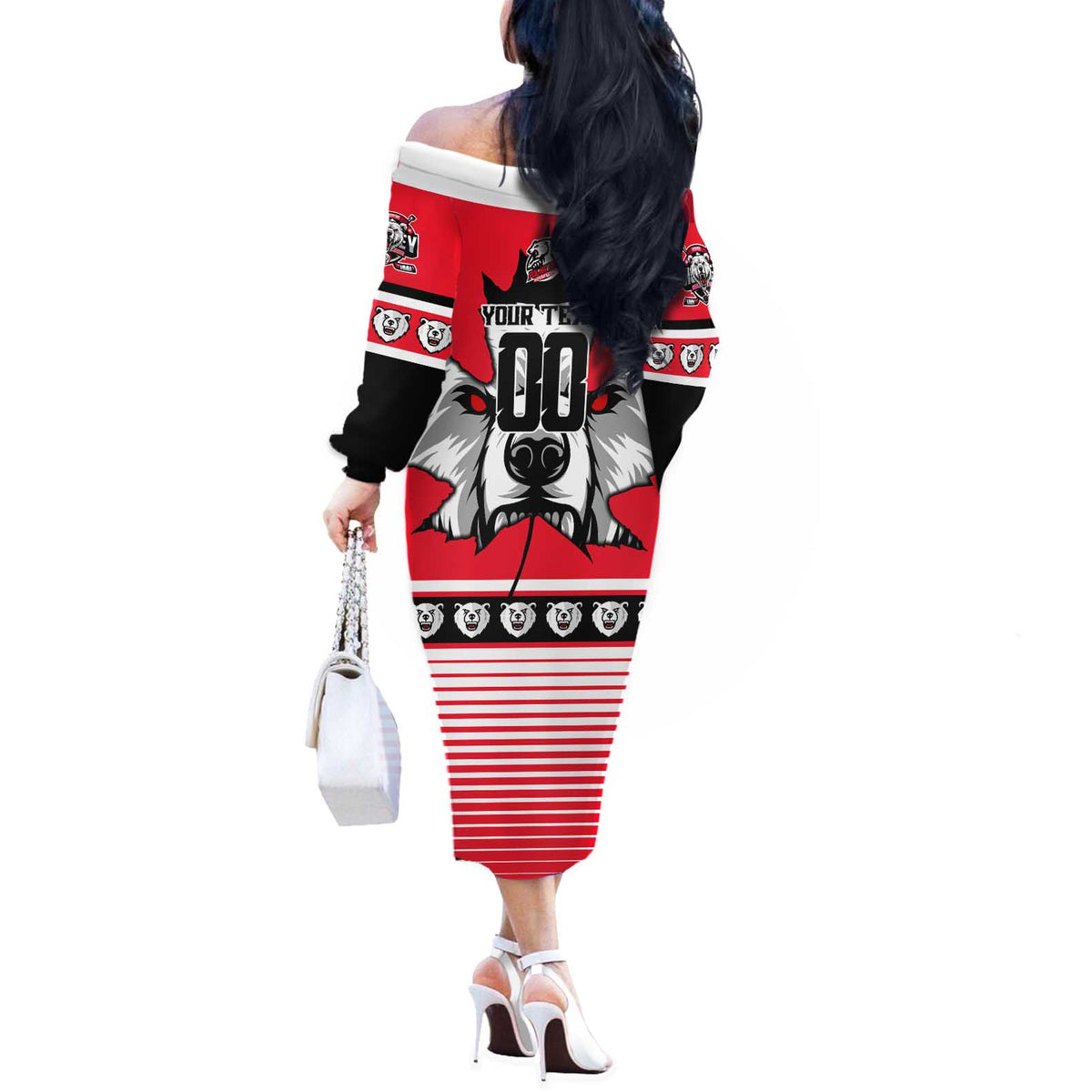 Personalized Polar Bear Hockey Canada Off The Shoulder Long Sleeve Dress Maple Leaf Ice Warrior