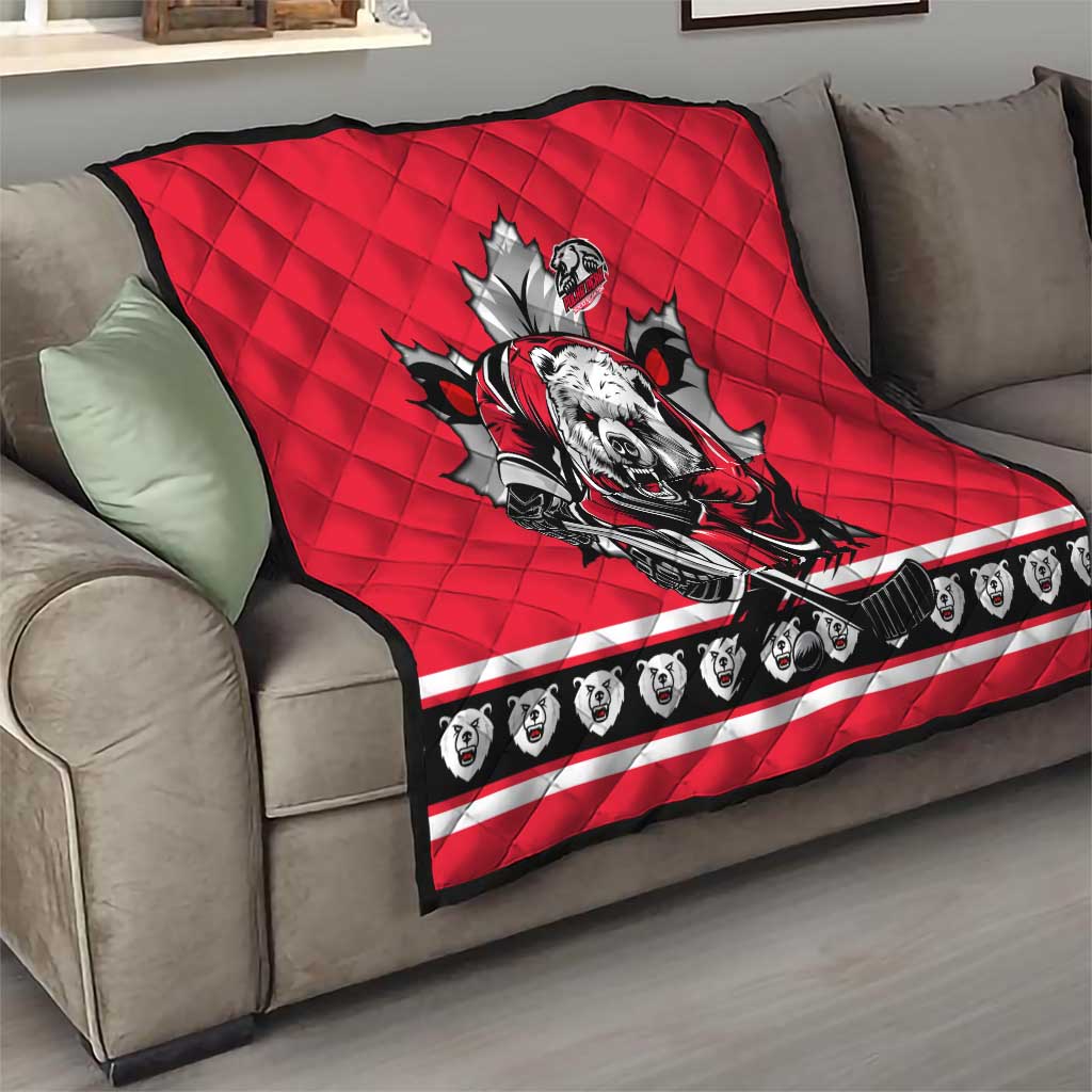Polar Bear Hockey Canada Quilt Maple Leaf Ice Warrior