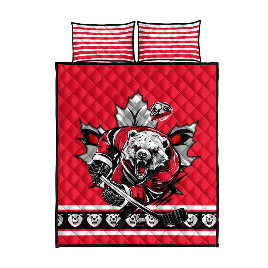 Polar Bear Hockey Canada Quilt Bed Set Maple Leaf Ice Warrior
