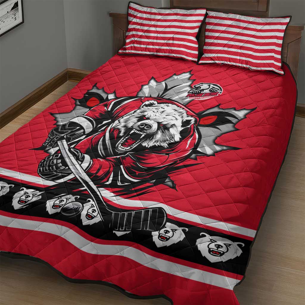 Polar Bear Hockey Canada Quilt Bed Set Maple Leaf Ice Warrior