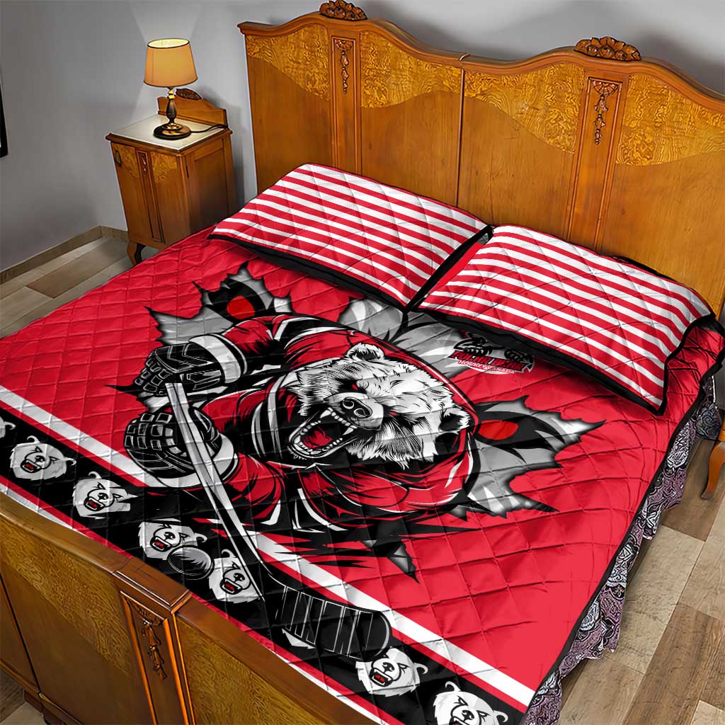 Polar Bear Hockey Canada Quilt Bed Set Maple Leaf Ice Warrior