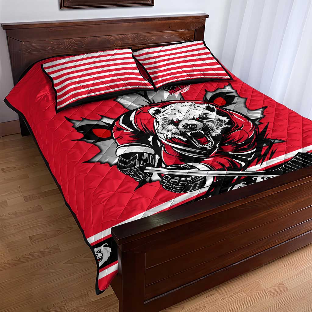 Polar Bear Hockey Canada Quilt Bed Set Maple Leaf Ice Warrior