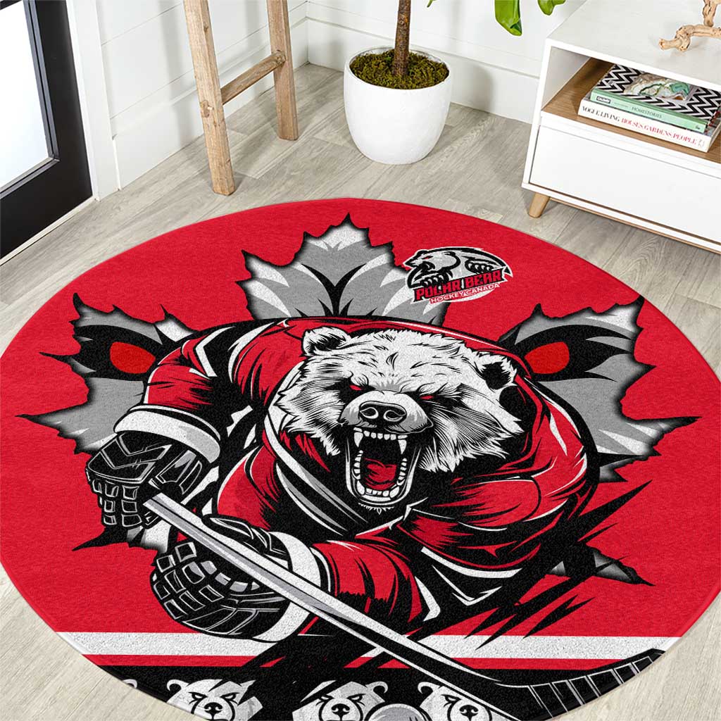 Polar Bear Hockey Canada Round Carpet Maple Leaf Ice Warrior