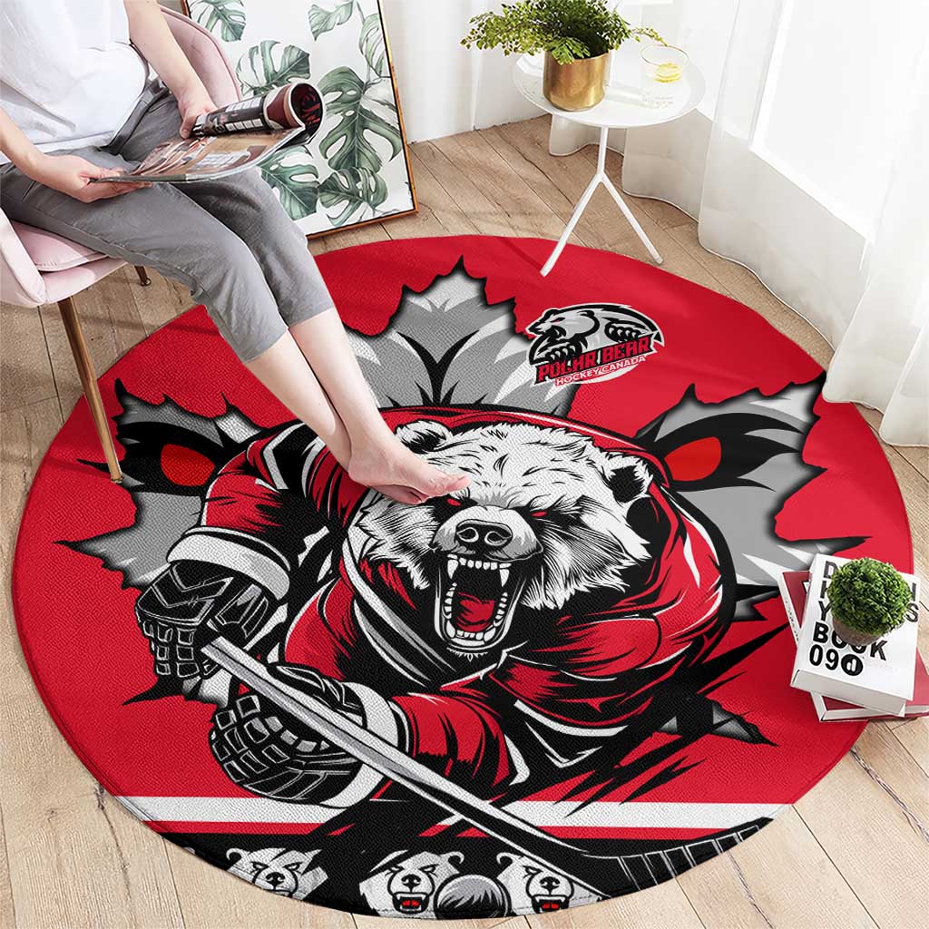 Polar Bear Hockey Canada Round Carpet Maple Leaf Ice Warrior