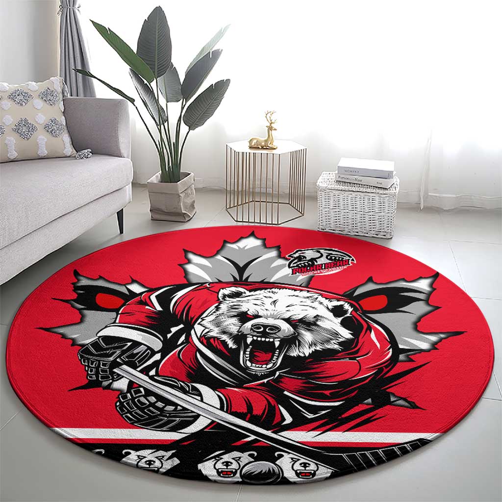 Polar Bear Hockey Canada Round Carpet Maple Leaf Ice Warrior