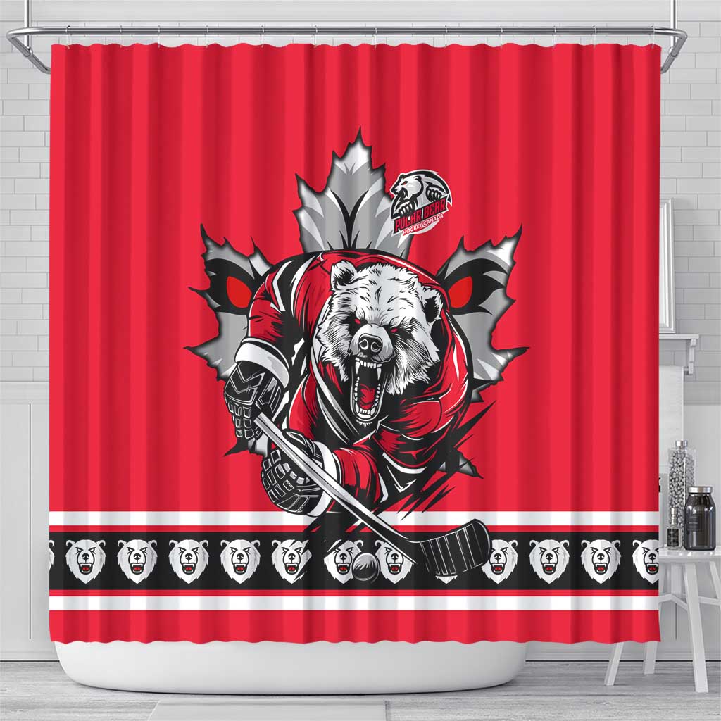 Polar Bear Hockey Canada Shower Curtain Maple Leaf Ice Warrior