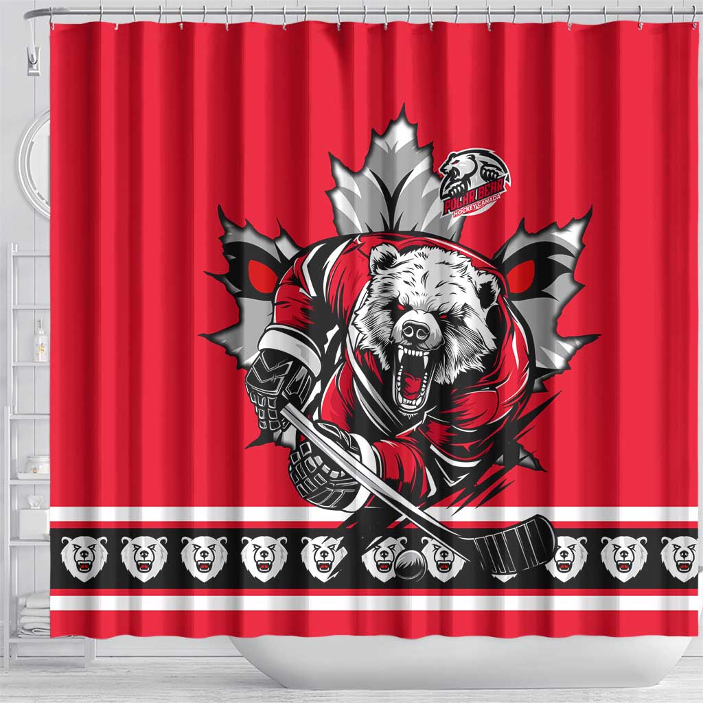 Polar Bear Hockey Canada Shower Curtain Maple Leaf Ice Warrior
