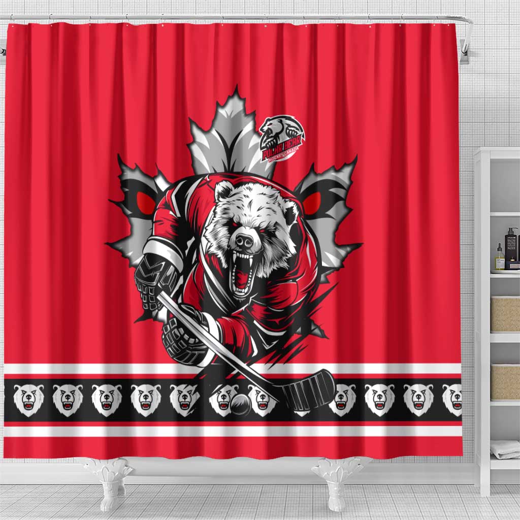 Polar Bear Hockey Canada Shower Curtain Maple Leaf Ice Warrior