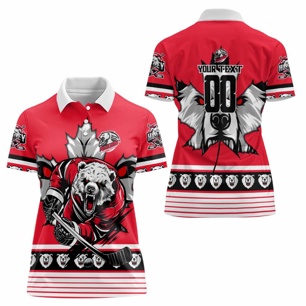Personalized Polar Bear Hockey Canada Women Polo Shirt Maple Leaf Ice Warrior
