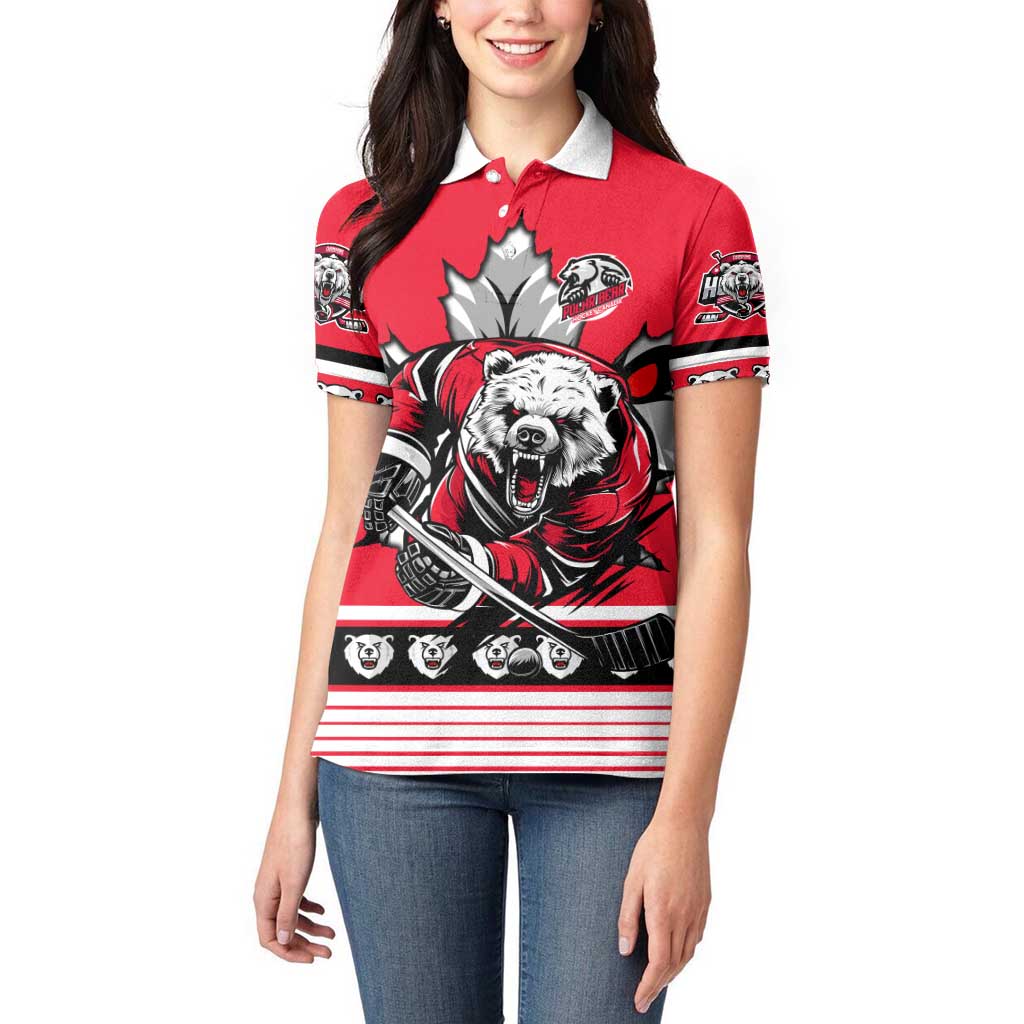 Personalized Polar Bear Hockey Canada Women Polo Shirt Maple Leaf Ice Warrior