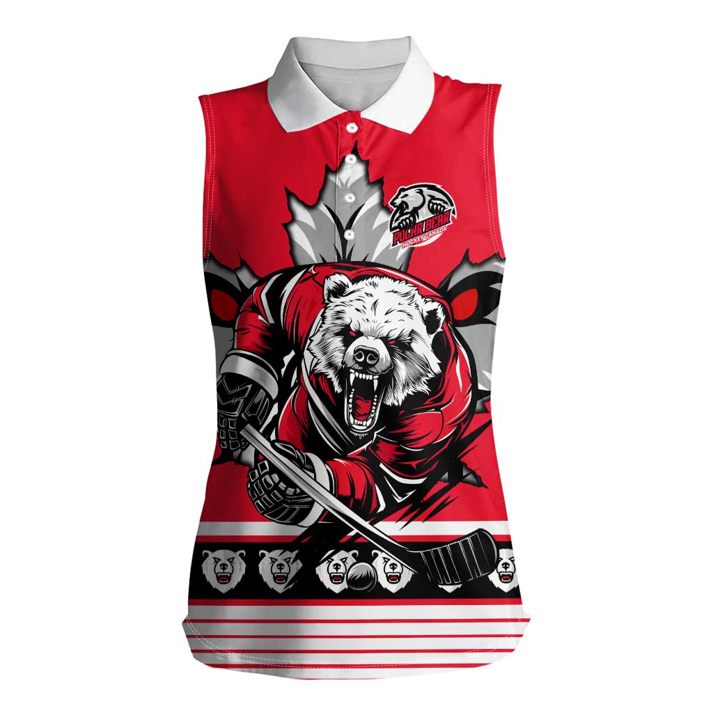 Personalized Polar Bear Hockey Canada Women Sleeveless Polo Shirt Maple Leaf Ice Warrior