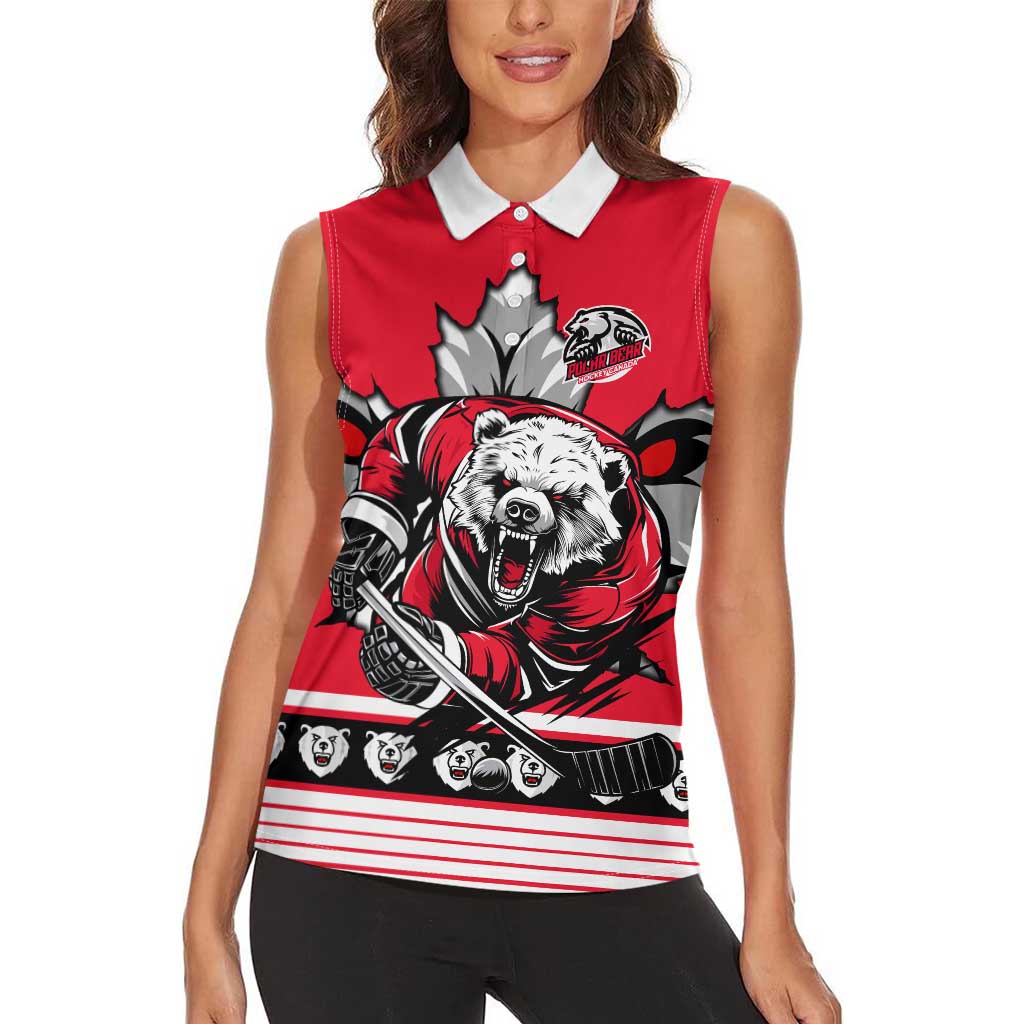 Personalized Polar Bear Hockey Canada Women Sleeveless Polo Shirt Maple Leaf Ice Warrior