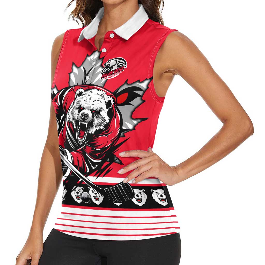 Personalized Polar Bear Hockey Canada Women Sleeveless Polo Shirt Maple Leaf Ice Warrior